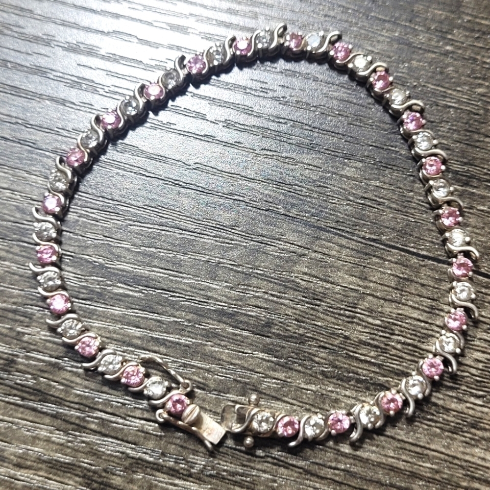 2CZ 925 China Sterling Silver Pink & White Cubic Zirconia Tennis Bracelet 7¾"